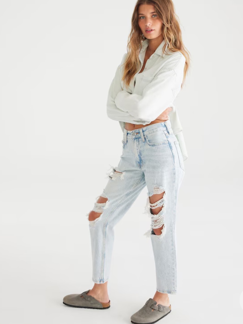 &Denim Distressed Mom Jeans Light Wash Size 0 | 100% Cotton | 30” Inseam